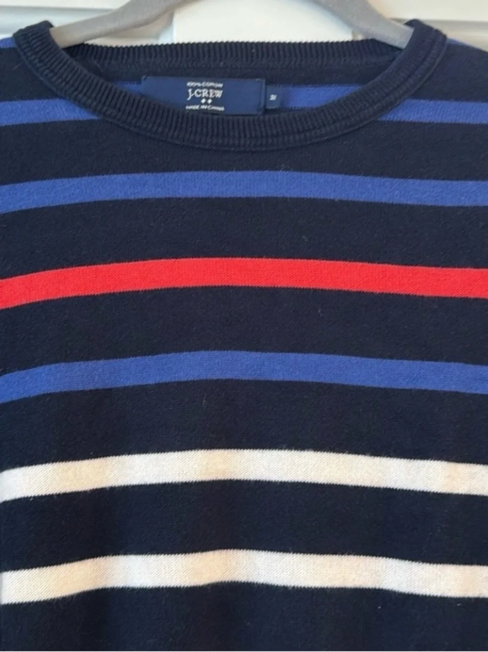 J. Crew Navy Striped Crewneck Sweater with Red & Blue Accents